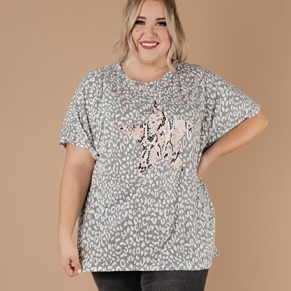 1.4.3. Story by Line Up Tops - 143 Story Charcoal Leopard Top w/ Snakeskin Star